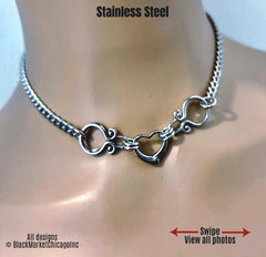 Goth Day Collar, Ornate Stainless Steel, Heart, 24/7, Locking Ring Option