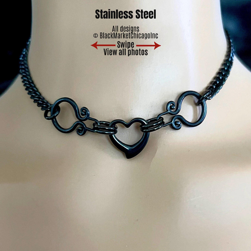 Goth Day Collar, Ornate BLACK Stainless Steel, Heart, 24/7, Locking Ring Option