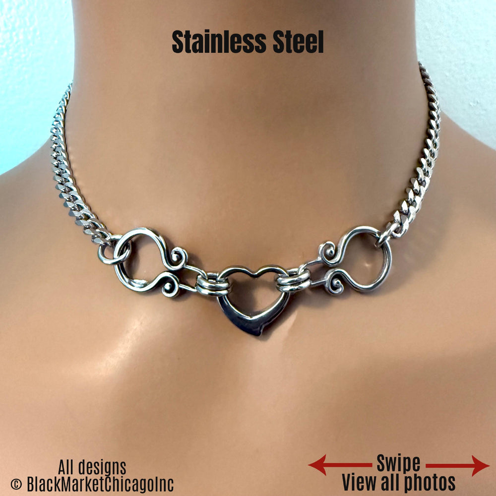 Goth Day Collar, Ornate Stainless Steel, Heart, 24/7, Locking Ring Option