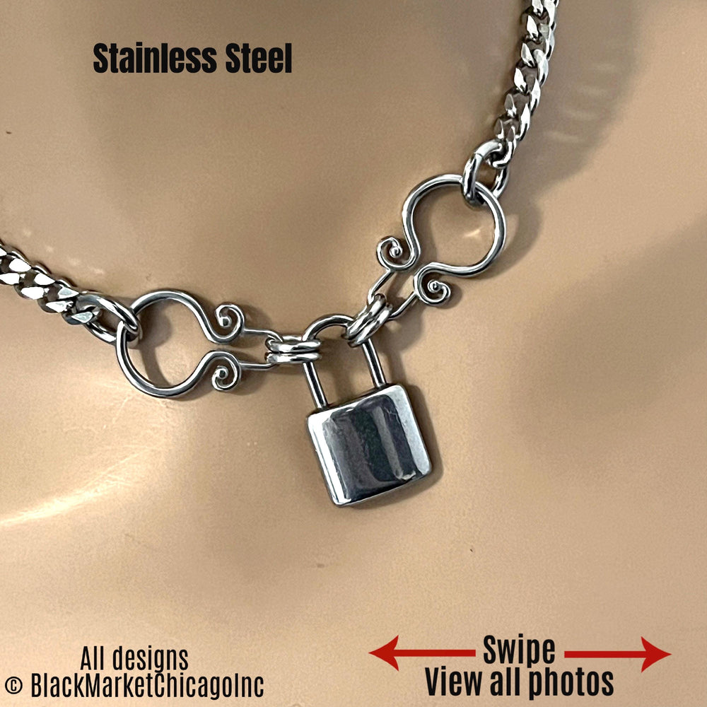 Goth Day Collar, Faux Padlock, Stainless Steel, 24/7, Locking Option