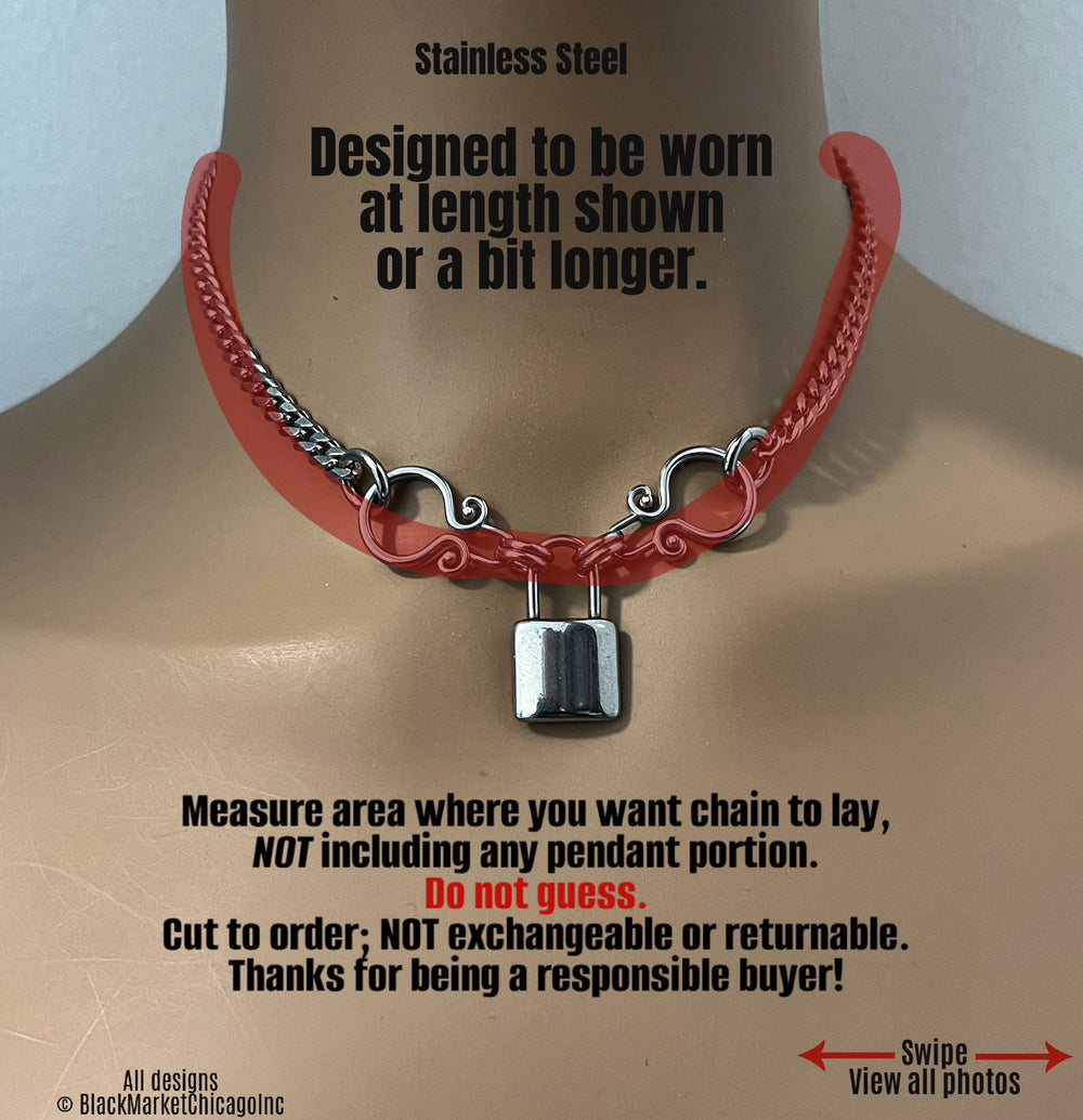 Goth Day Collar, Faux Padlock, Stainless Steel, 24/7, Locking Option