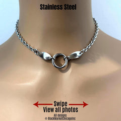 Shiny discreet bdsm sub day collar; 6mm silver cable stainless steel chain; it’s constant 24/7 wear, 18mm  thick center o-ring affixed with sturdy jump rings, adorned with oval twisted side stabilizing ornaments, and a permanent locking clasp option.