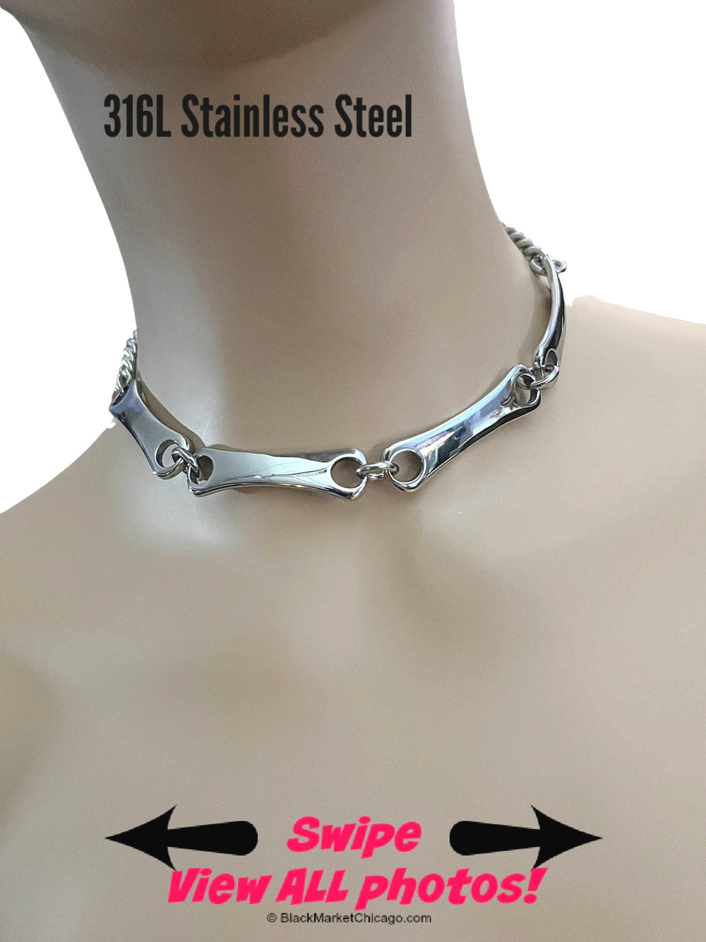 Locking Submissive Collar All Stainless Steel Bars & Chain