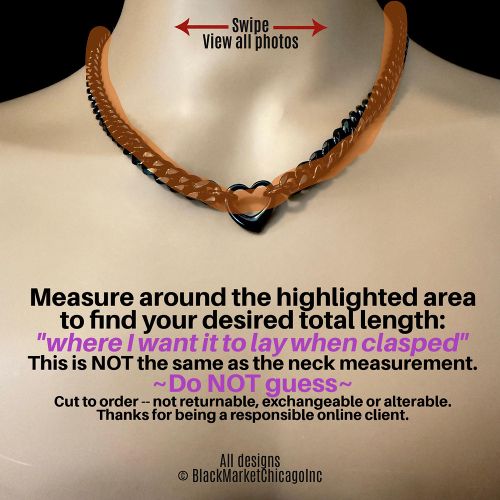 Black Chain Sub Day Collar, or Elegant Mistress Necklace, 24/7 Wearable with Permanent Lock Option, Stainless Steel, Heart Pendant