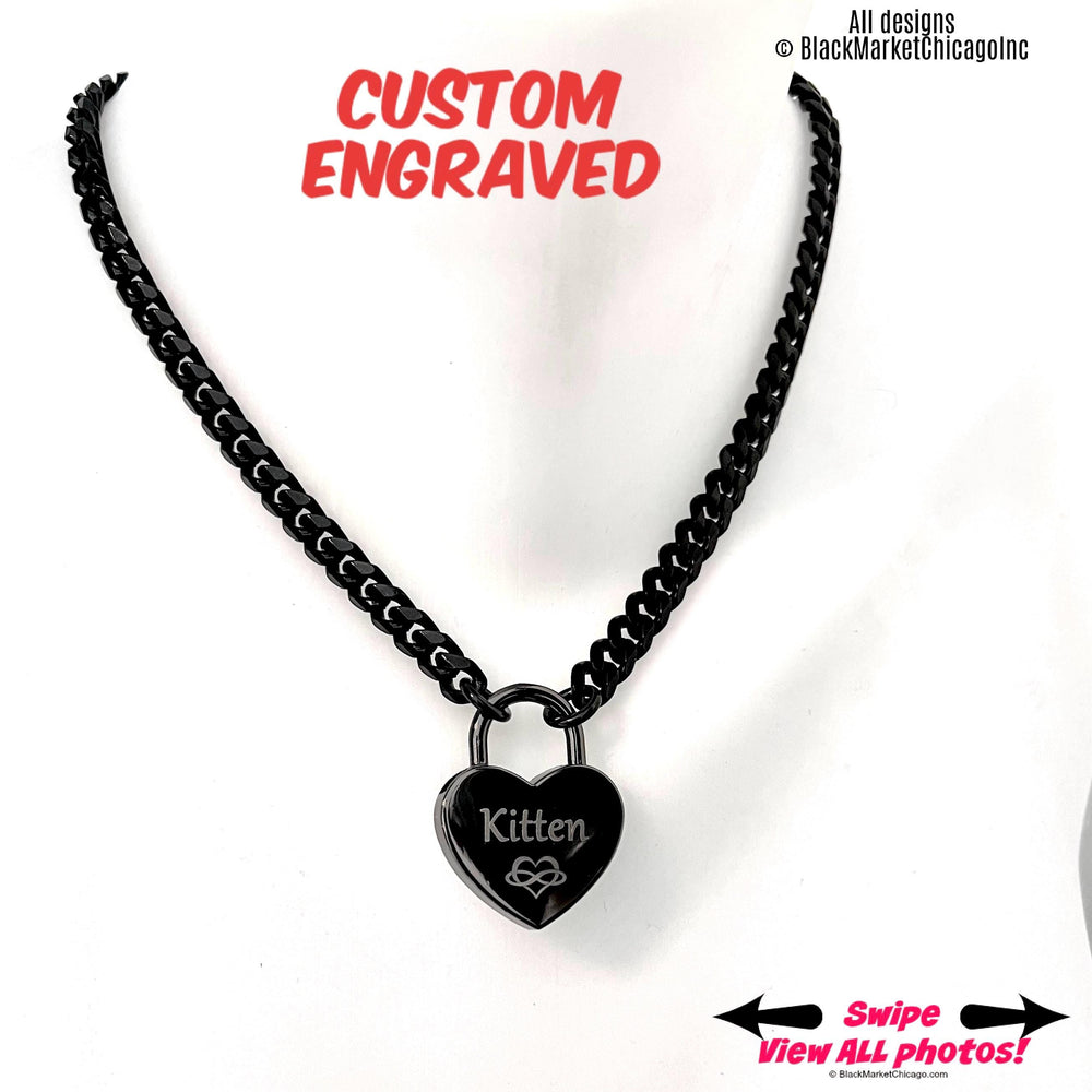 Sub Day Collar, Custom Engraved, GUNMETAL Black Stainless Steel Chain and LARGE Heart Padlock Necklace