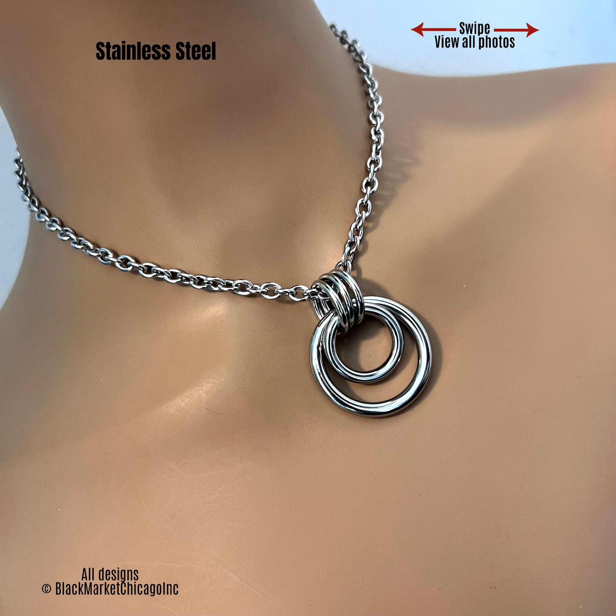 Discreet Day Collar, Dual WELDED O-Rings, Dom or sub 24/7 Locking Stainless Steel Chain