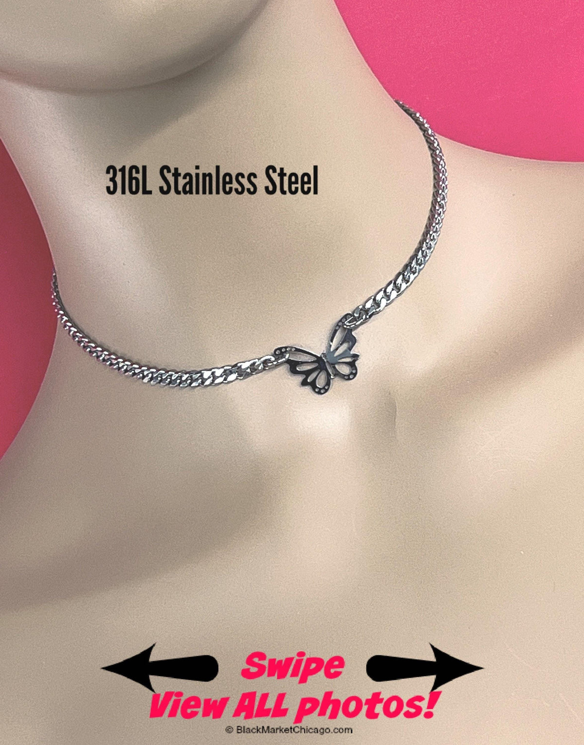 Butterfly Sub Day Collar, 24/7 Wear LOCK Option, All Stainless Steel Curb Chain