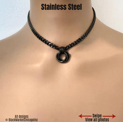 trinity knot all black stainless steel day collar chain  necklace; waterproof 24/7, with reusable permanent lock option; dainty 5mm sparkly curb chain; trinity pendant 15mm diameter. ©BlackMarketChicagolnc