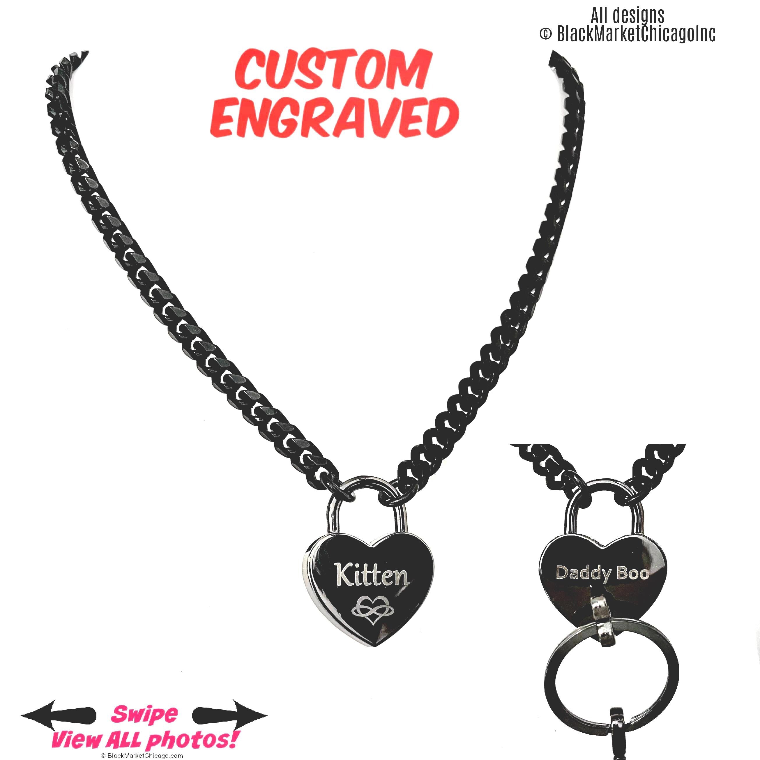 Sub Day Collar, Custom Engraved, GUNMETAL Black Stainless Steel Chain and LARGE Heart Padlock Necklace