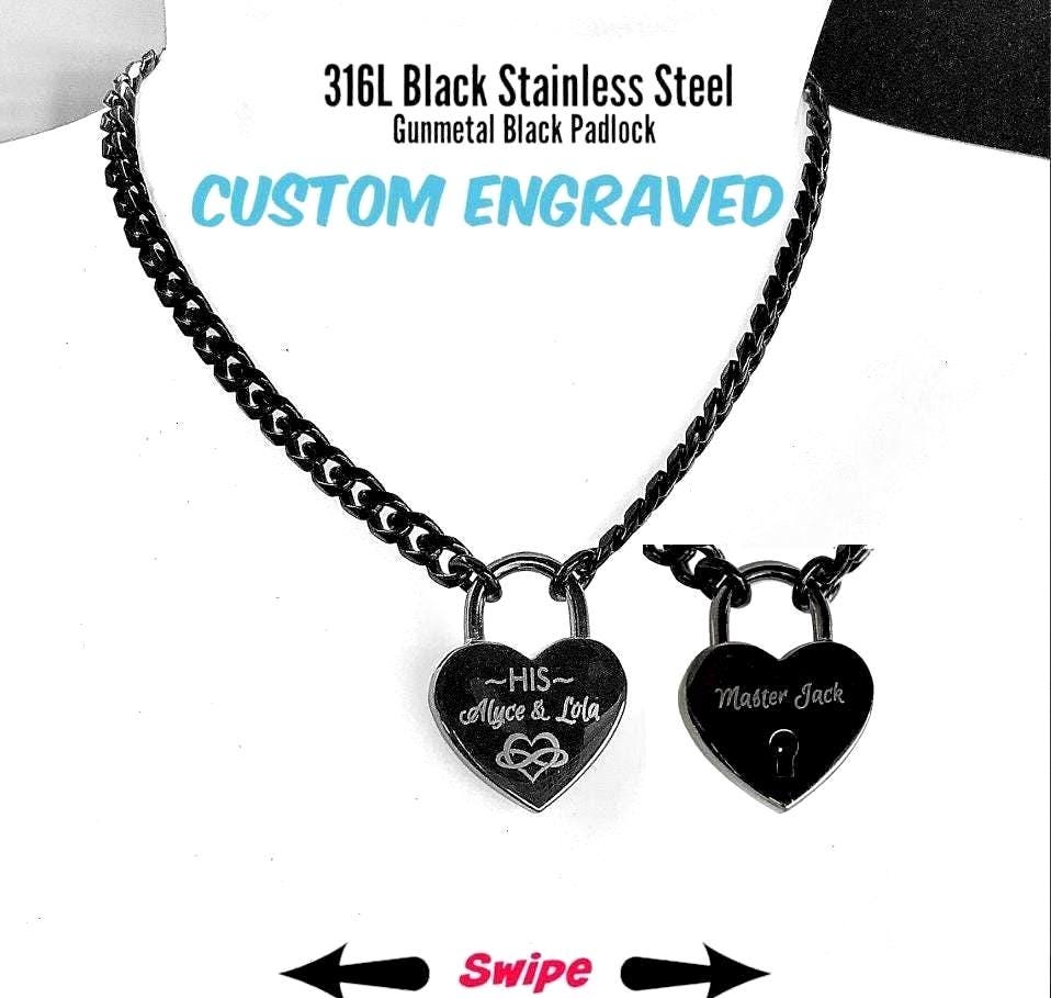 Personalised Padlock Day Collar, Engraved GUNMETAL Heart Padlock, Black  Stainless Steel Chain Necklace; functional padlock with two keys on 8mm faceted chain.