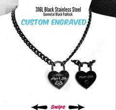 Personalised Padlock Day Collar, Engraved GUNMETAL Heart Padlock, Black  Stainless Steel Chain Necklace; functional padlock with two keys on 8mm faceted chain.