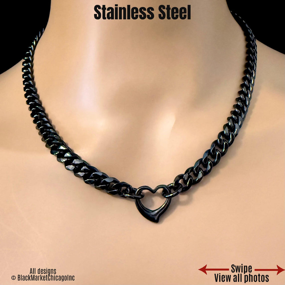 Black Chain Sub Day Collar, or Elegant Mistress Necklace, 24/7 Wearable with Permanent Lock Option, Stainless Steel, Heart Pendant