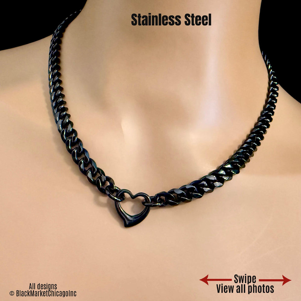 Black Chain Sub Day Collar, or Elegant Mistress Necklace, 24/7 Wearable with Permanent Lock Option, Stainless Steel, Heart Pendant