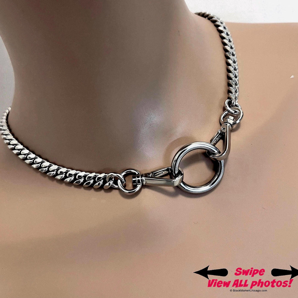 Sub Day Collar, 24/7 Public Wearable, Stainless Steel Curb Chain, O-ring with Swivel Snaps Closure