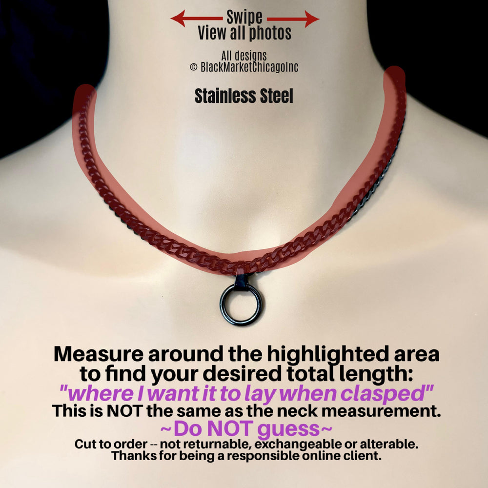 Submissive Day Collar, Black Curb Chain with Ring, 24/7 Locking Option, Stainless Steel