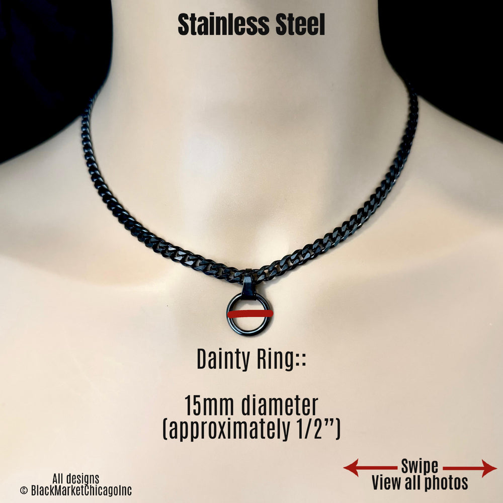 Submissive Day Collar, Black Curb Chain with Ring, 24/7 Locking Option, Stainless Steel