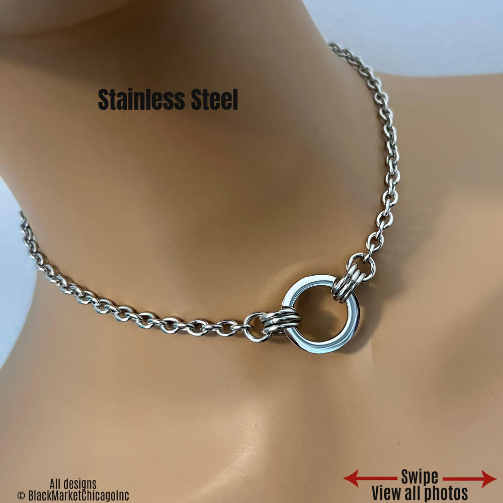 Discreet O-Ring Day Collar, 24-7 Wear, Permanent Locking OPTION, Stainless Steel Cable Chain