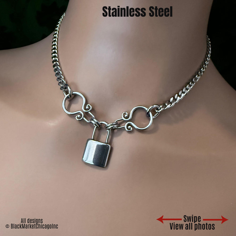 Goth Day Collar, Faux Padlock, Stainless Steel, 24/7, Locking Option