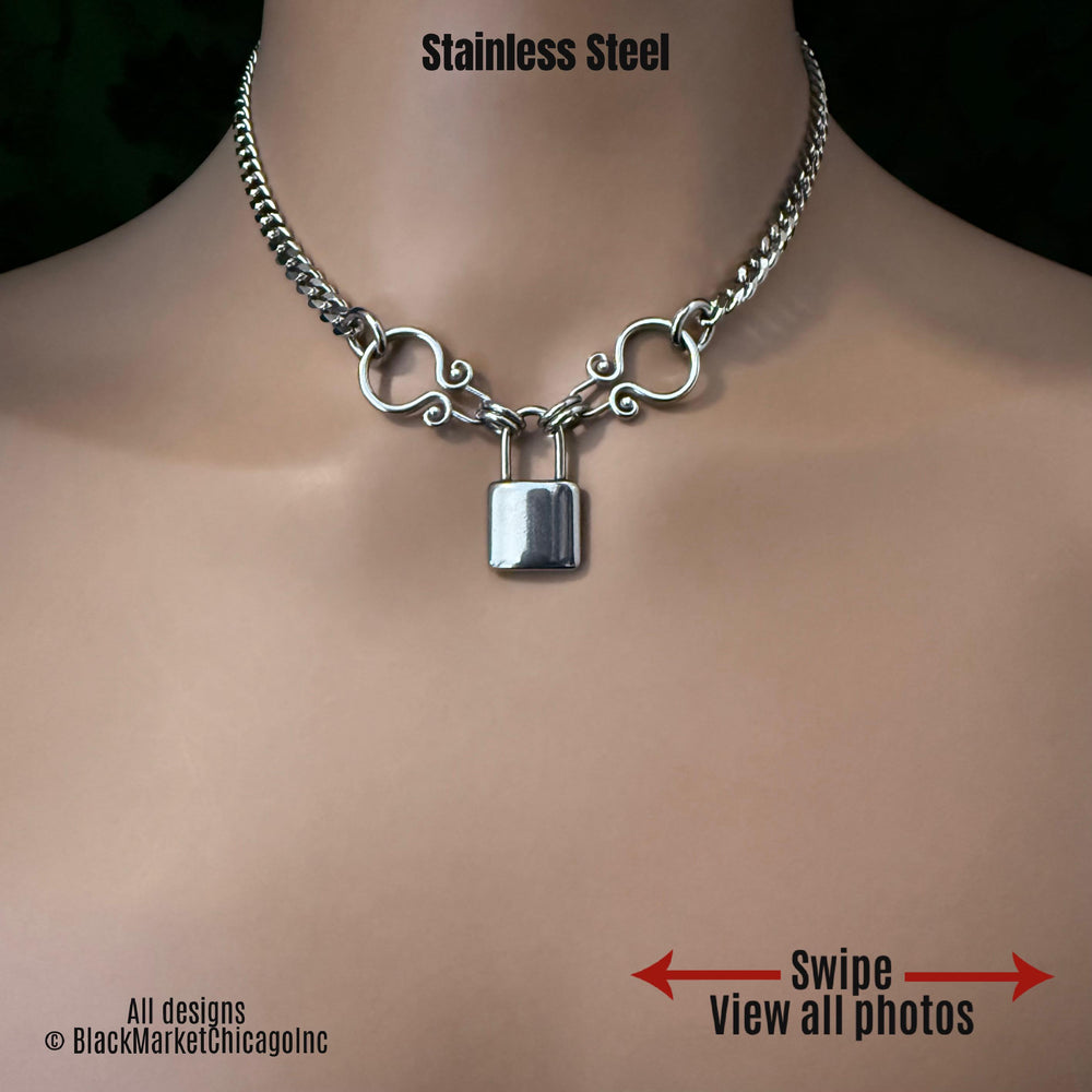 Goth Day Collar, Faux Padlock, Stainless Steel, 24/7, Locking Option