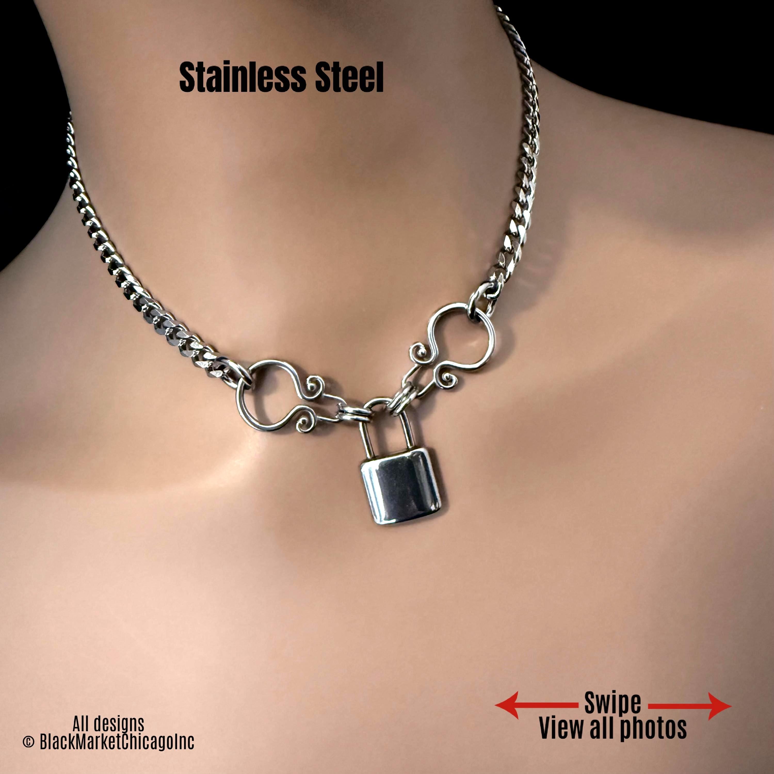 Goth Day Collar, Faux Padlock, Stainless Steel, 24/7, Locking Option