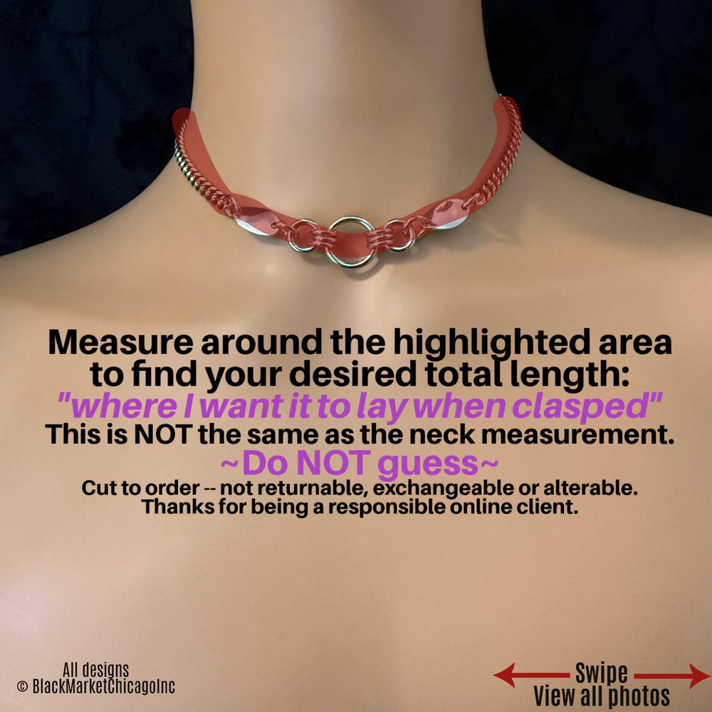 24/7 multi-ring sub day collar; waterproof, discreet; lockable, featuring all stainless steel, 6mm sparkly, sturdy but dainty silver stainless steel curb chain; 18mm center ring bolstered by a thick 10mm ring on either side, each secured by 3 sturdy jump rings, plus ornamental shiny twisted oval ;elegant chic submissive necklace.