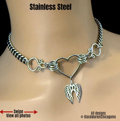 Goth Sub Day Collar, Heart + Angel Wings, 24/7 Lockable, Stainless Steel, Waterproof