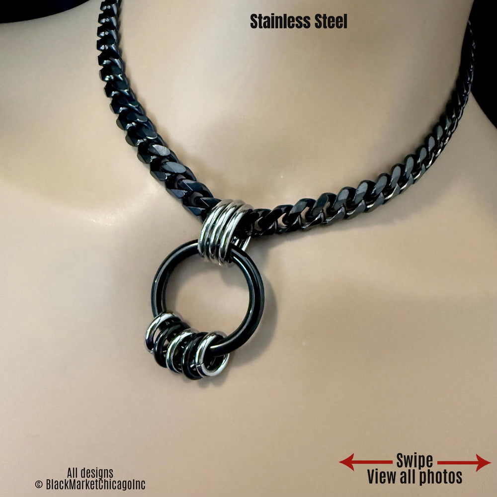 Chunky Chain Day Collar, Black & Silver Stainless Steel, O-Ring 24-7, Waterproof Lockable