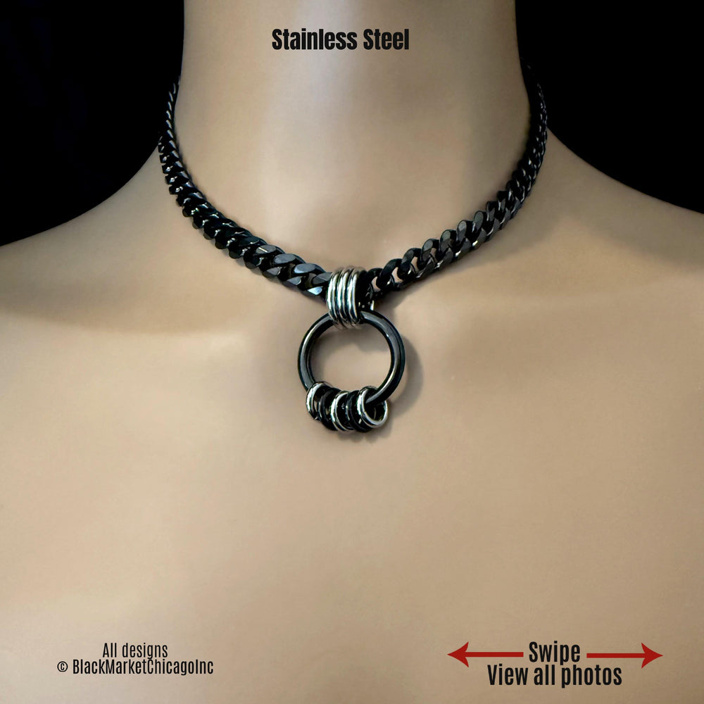 Chunky Chain Day Collar, Black & Silver Stainless Steel, O-Ring 24-7, Waterproof Lockable
