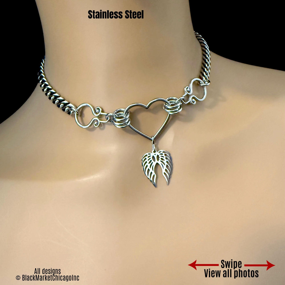 Goth Sub Day Collar, Heart + Angel Wings, 24/7 Lockable, Stainless Steel, Waterproof