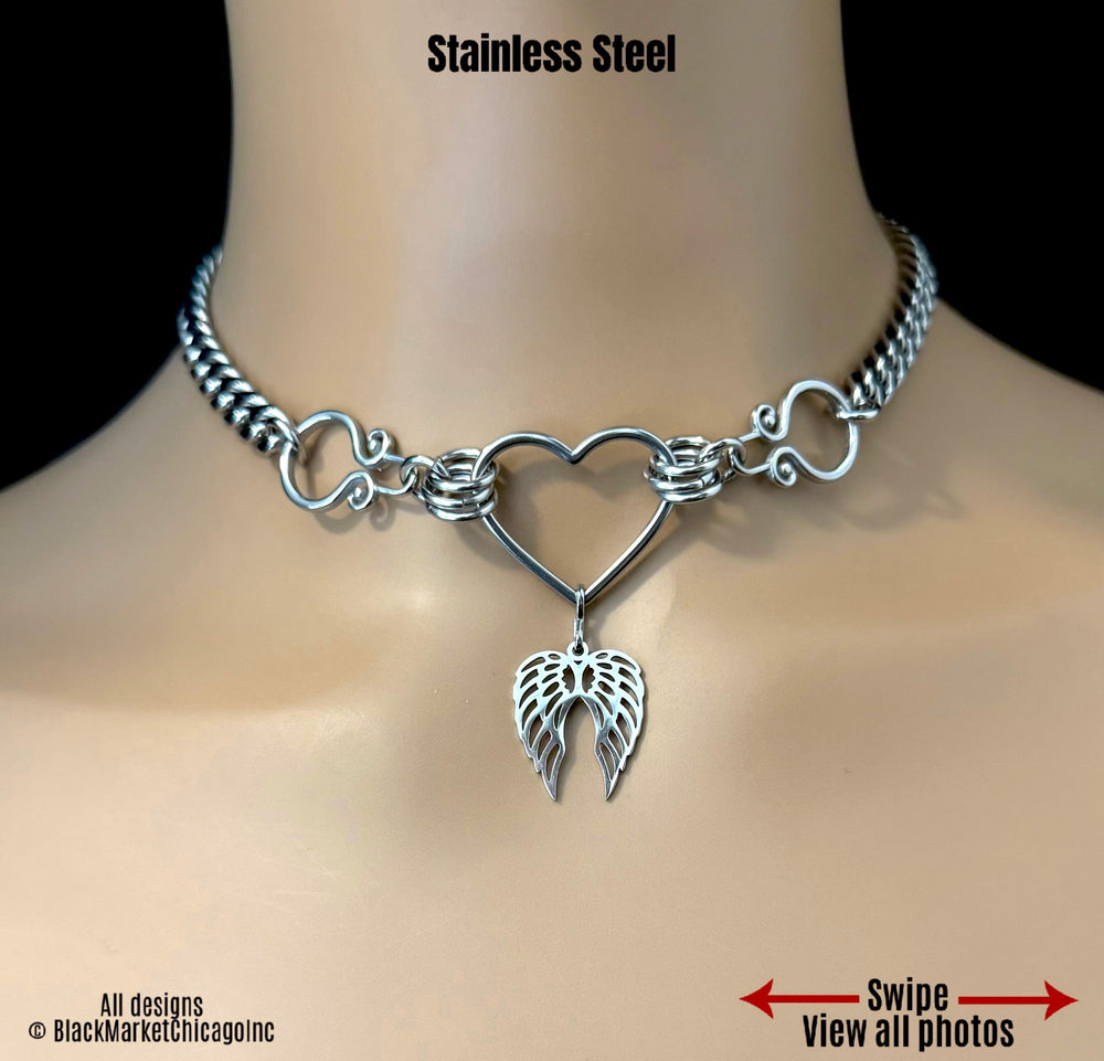 Goth Sub Day Collar, Heart + Angel Wings, 24/7 Lockable, Stainless Steel, Waterproof