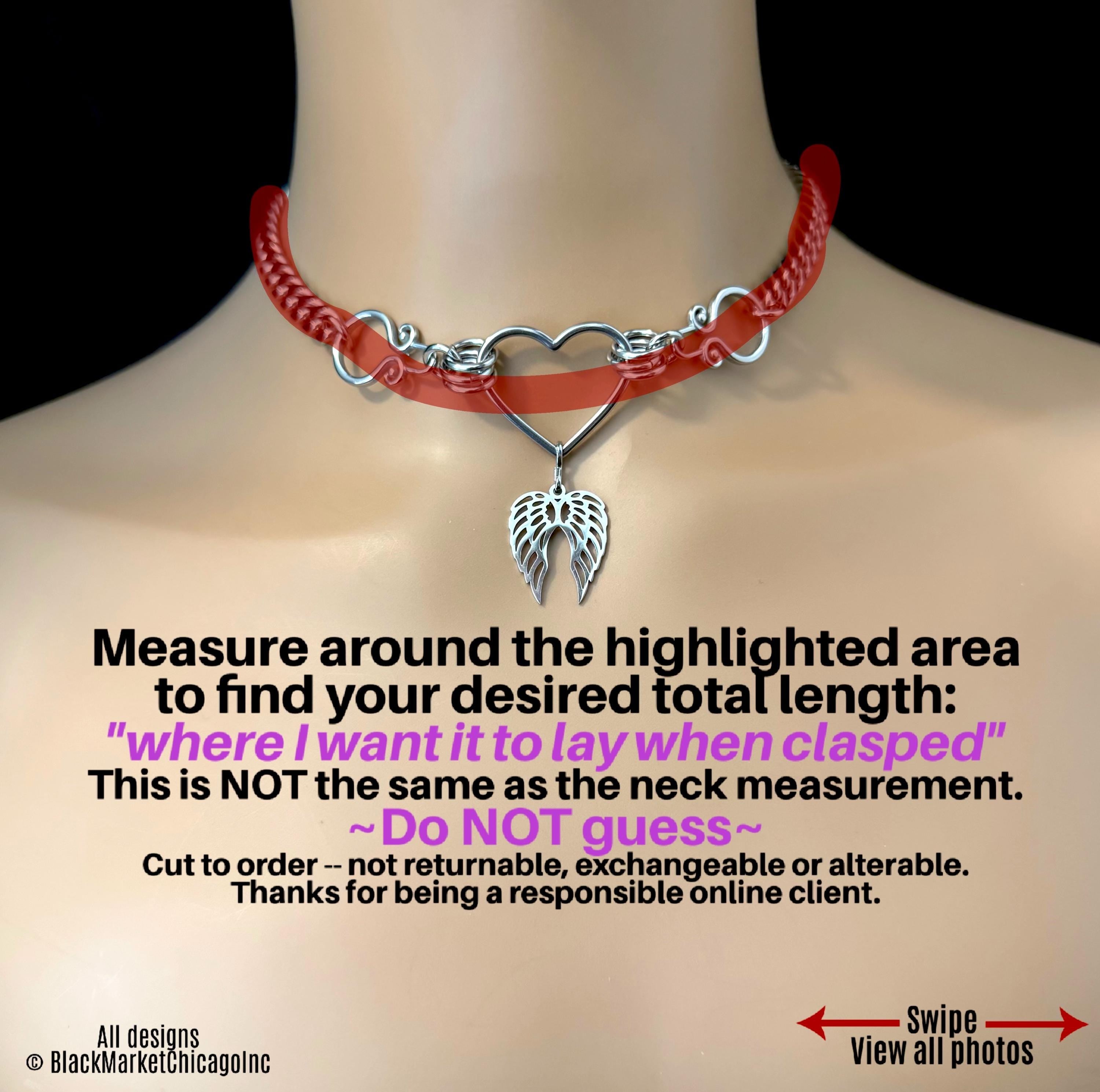 Goth Sub Day Collar, Heart + Angel Wings, 24/7 Lockable, Stainless Steel, Waterproof
