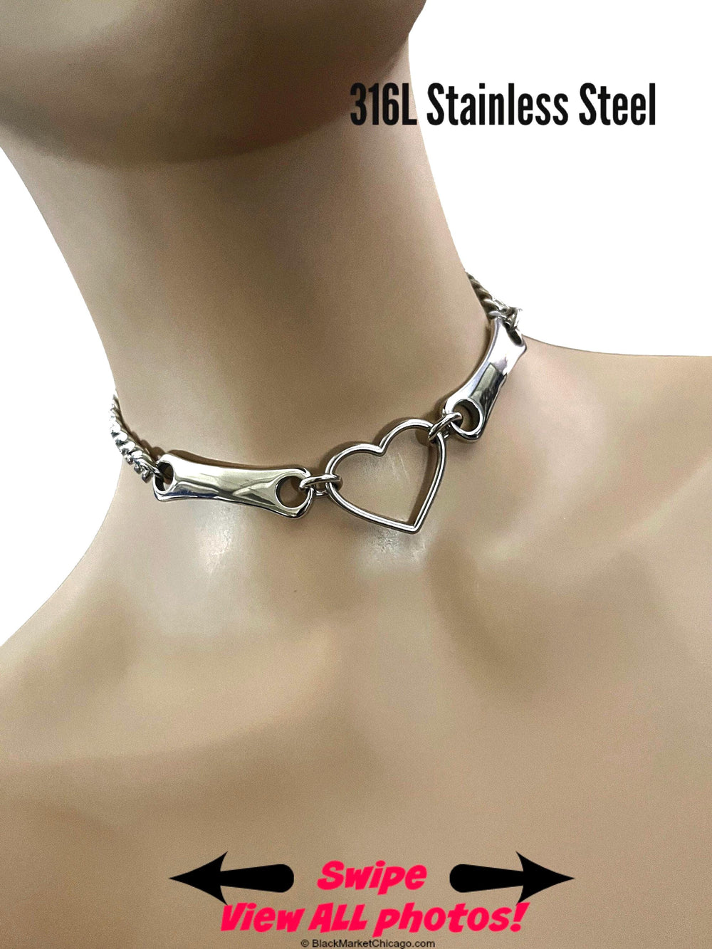 Discreet Day Collar 24/7 Wear* 316L Stainless Steel Heavy Duty Choker Heart and Steel Bars