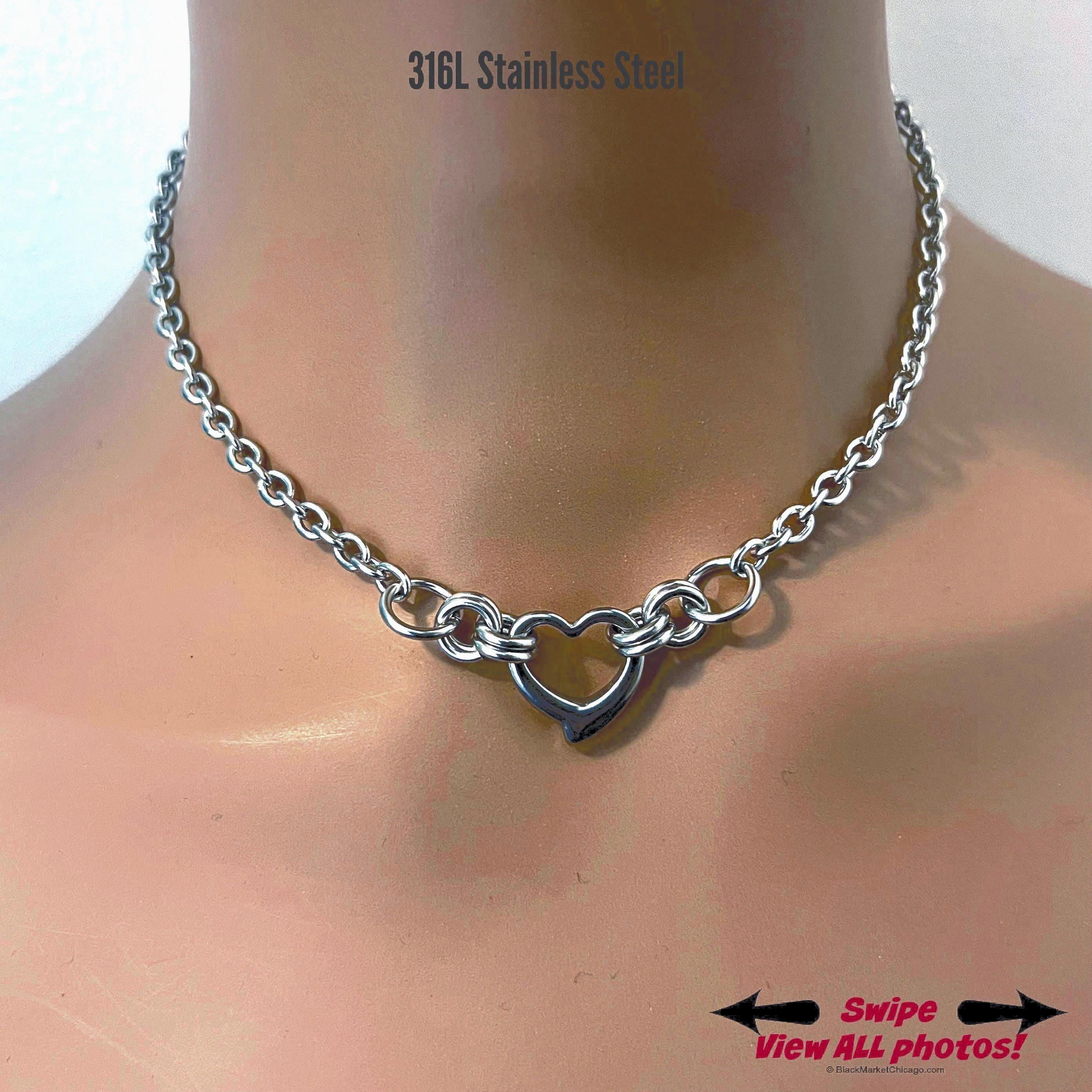 Sub Day Collar, 24/7 Wear Waterproof Lockable, Heart Ring, All Stainless Steel