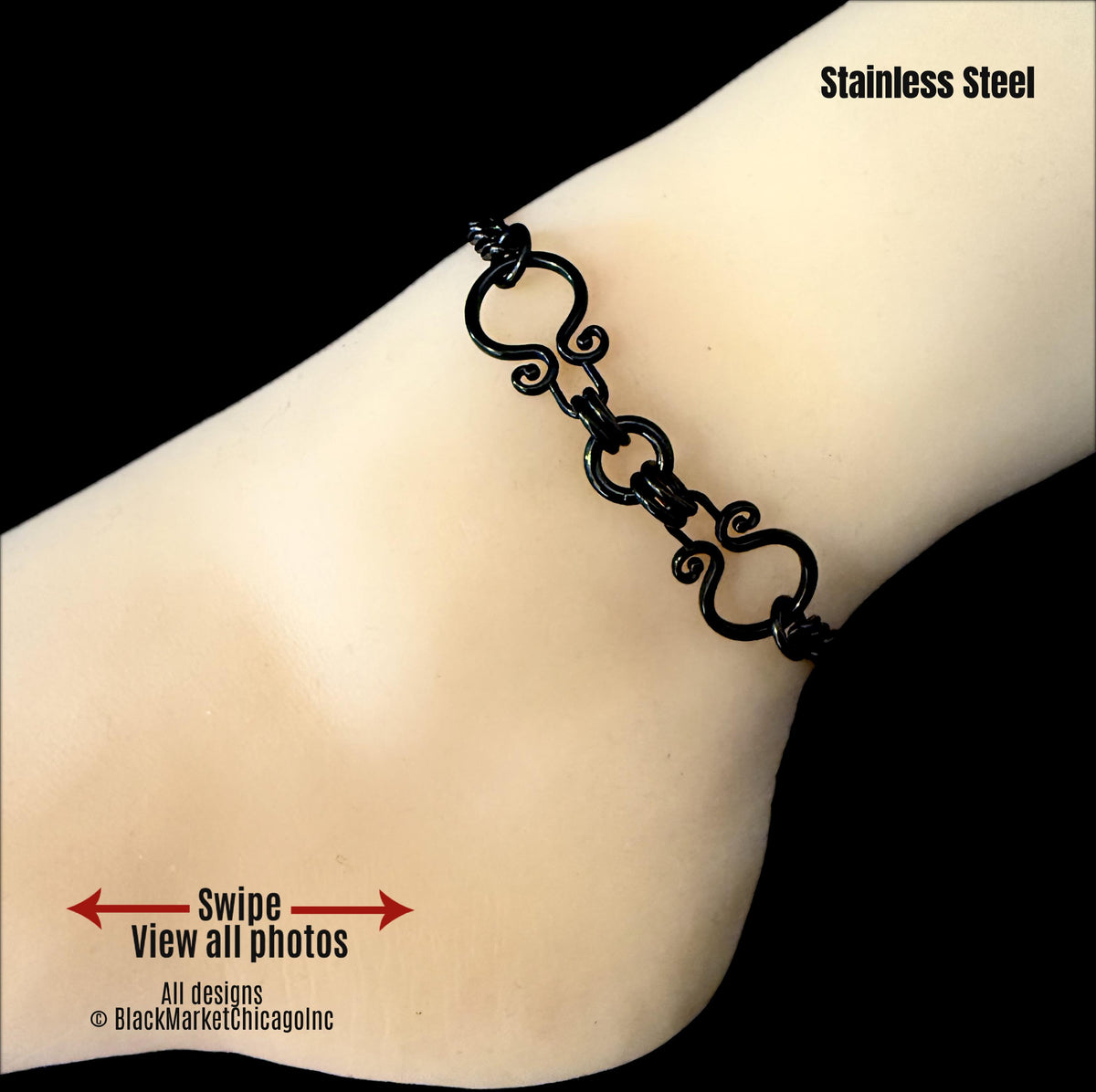 Subtly gothic ankle bracelet, 24/7 locking (or not), daily wear, discreet, dainty BLACK stainless steel; sturdy, features 6mm sparkly curb chain; all stainless steel elements.