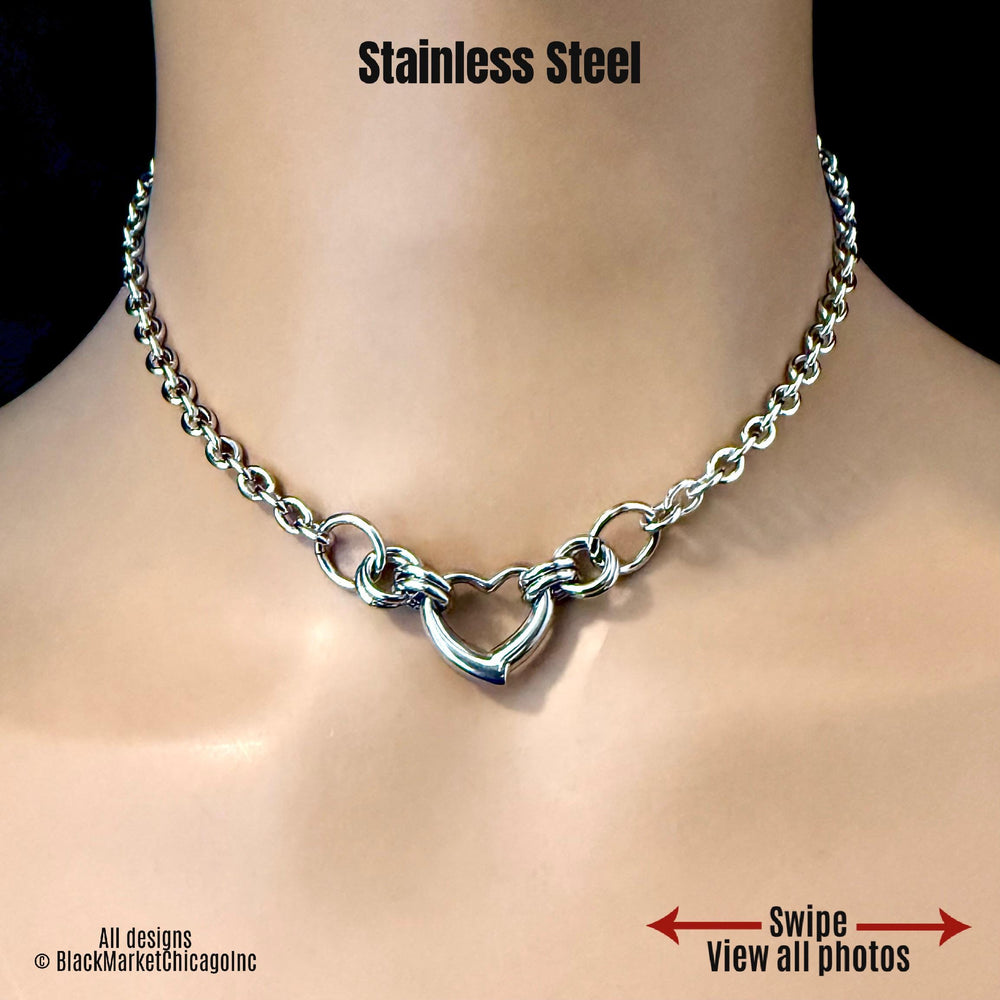 Sub Day Collar, 24/7 Wear Waterproof Lockable, Heart Ring, All Stainless Steel