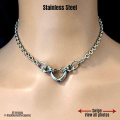Sub Day Collar, 24/7 Wear Waterproof Lockable, Heart Ring, All Stainless Steel