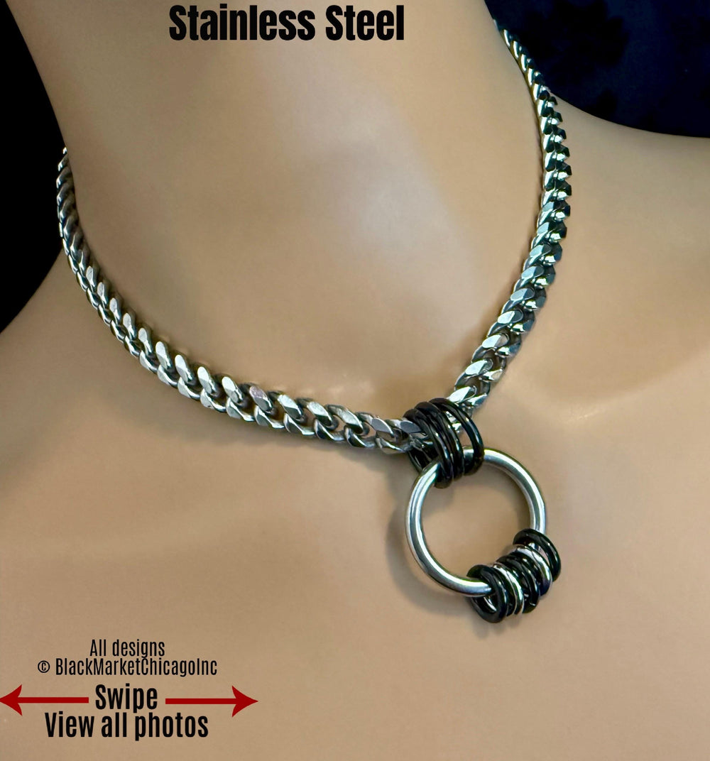 Chunky Chain Day Collar, Silver & Black Stainless Steel, O-Ring 24-7, Waterproof Lockable