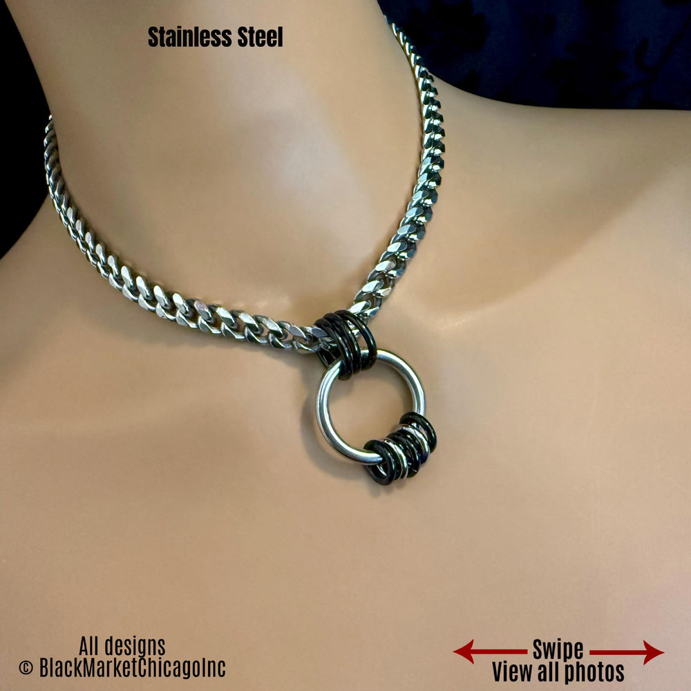 Chunky Chain Day Collar, Silver & Black Stainless Steel, O-Ring 24-7, Waterproof Lockable