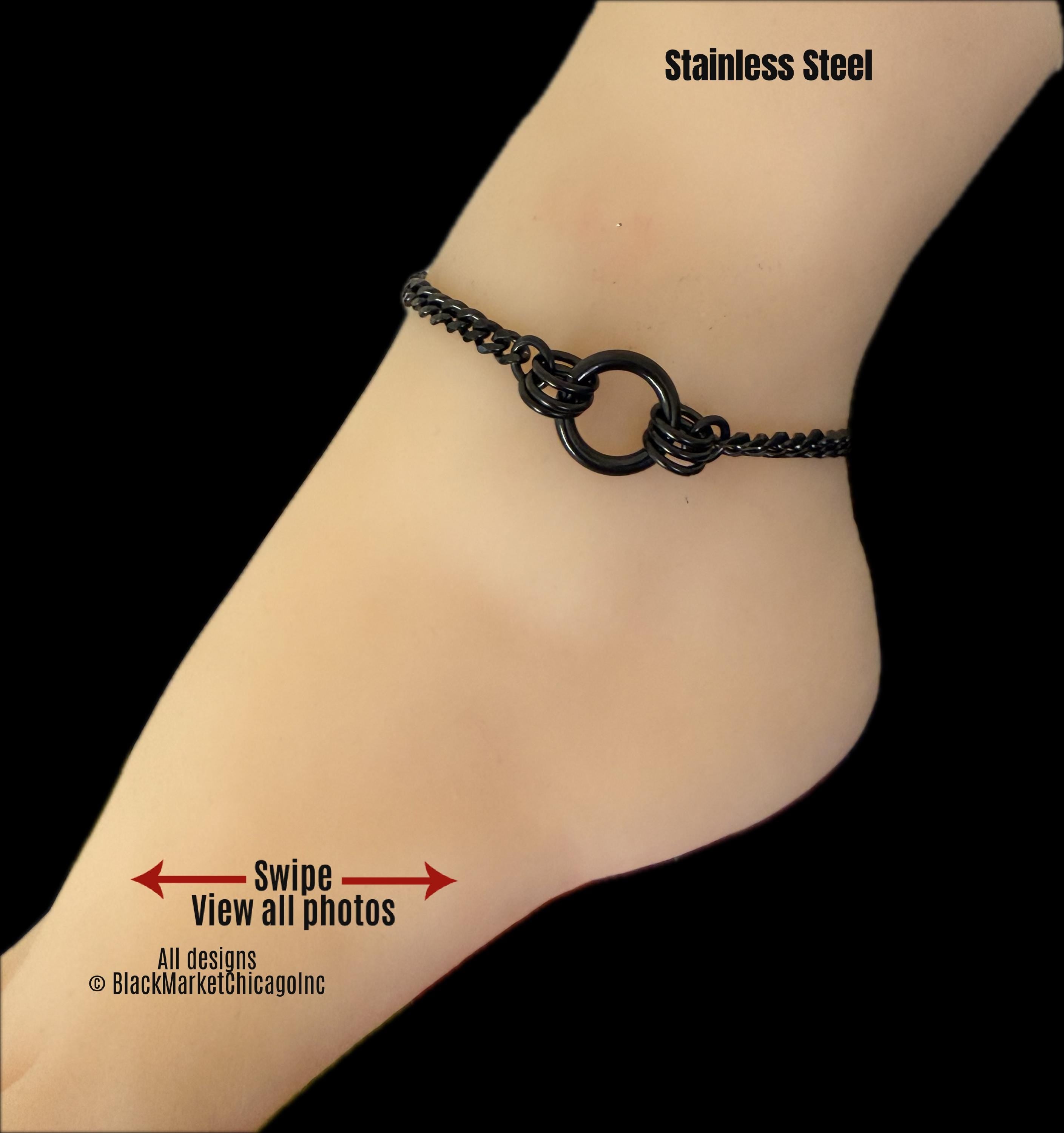 Day Collar 24/7 Ankle Bracelet, Stainless Steel, Waterproof, Multi-Rings, Permanent Lock Option, BLACK SS