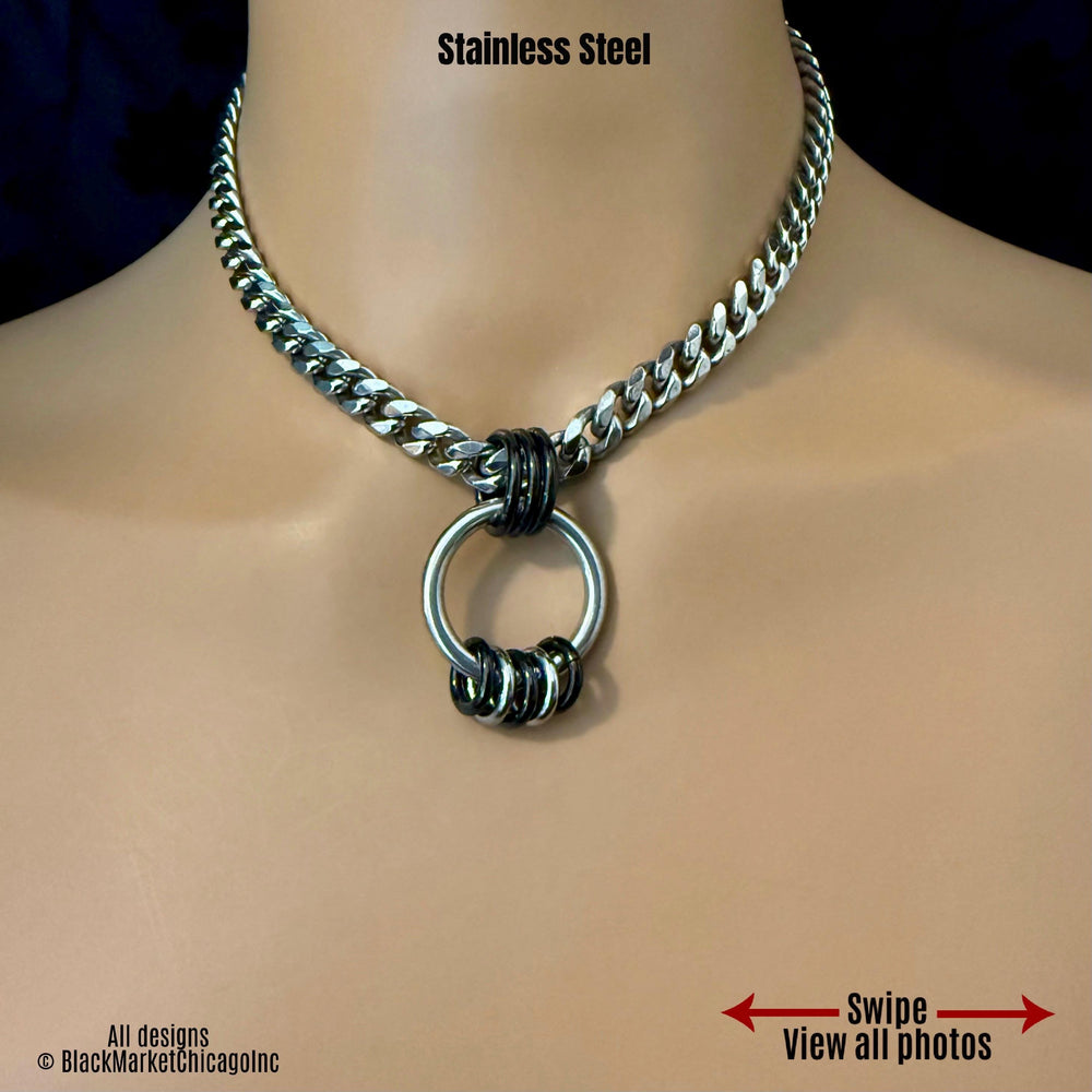 Chunky Chain Day Collar, Silver & Black Stainless Steel, O-Ring 24-7, Waterproof Lockable