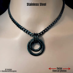 Submissive day collar; all black stainless steel, center nested rings are 1” (26mm) and 18mm dia, respectively, affixed by 3 very sturdy rings atop 5mm sparkly stainless steel curb chain.
