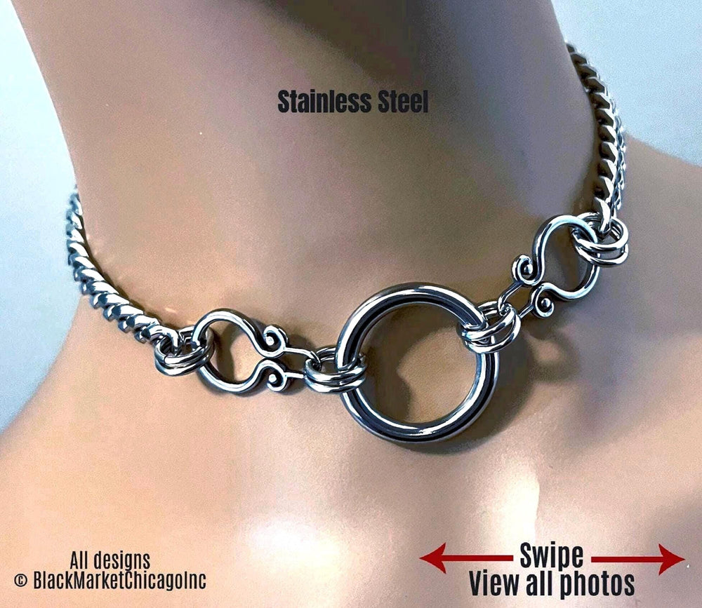 Gothic Day Collar, THICK Chain + Ring, Stainless Steel, Waterproof