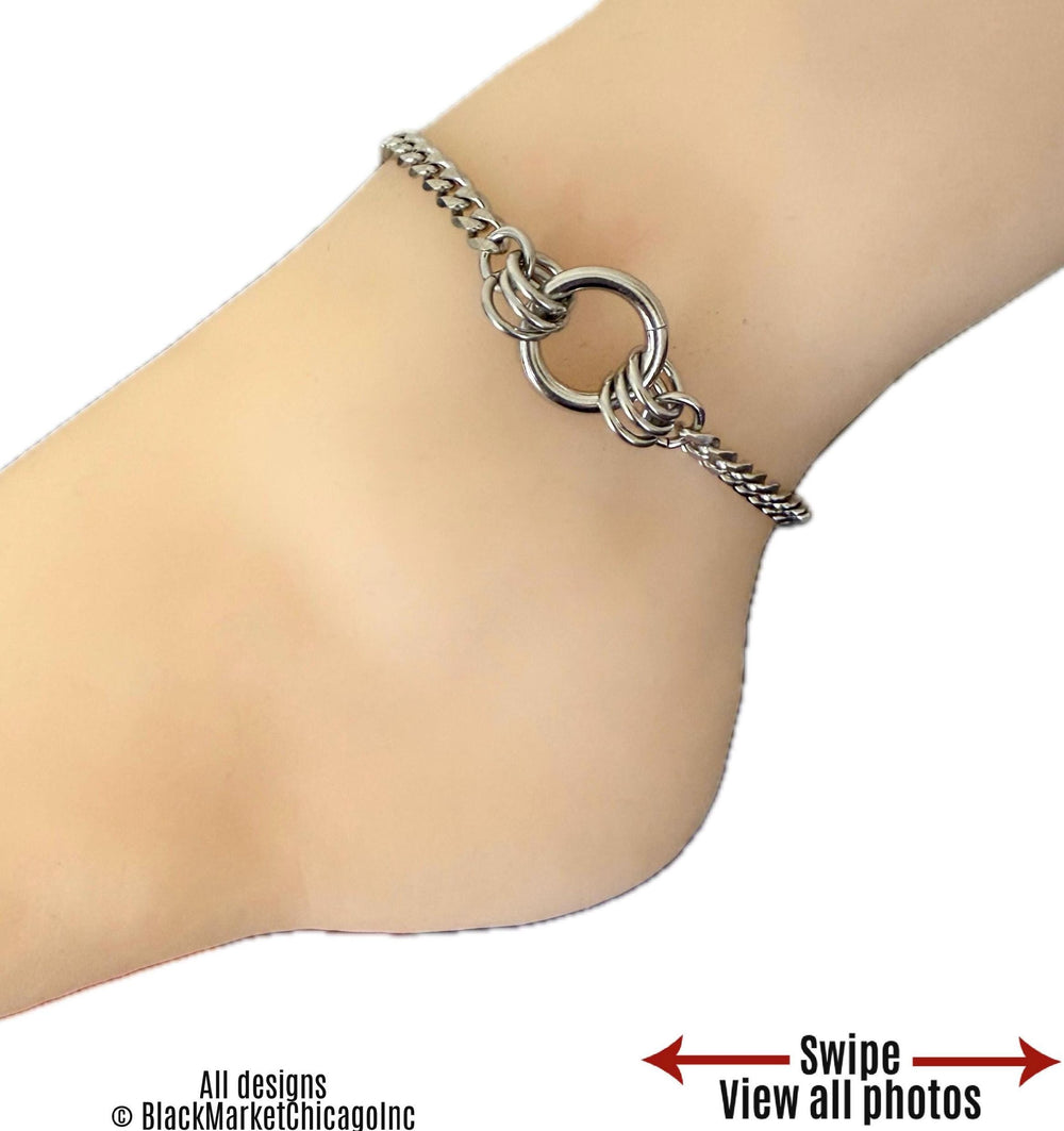Day Collar 24/7 Ankle Bracelet, Stainless Steel, Waterproof, Multi-Rings, Permanent Lock Option, Silver SS