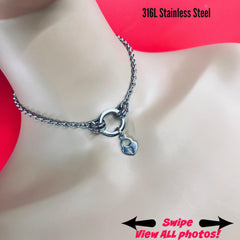 Discreet Sub Day Collar, O-Ring w Open Heart Pendant, 24-7 Wear, Permanent Locking OPTION, Stainless Steel