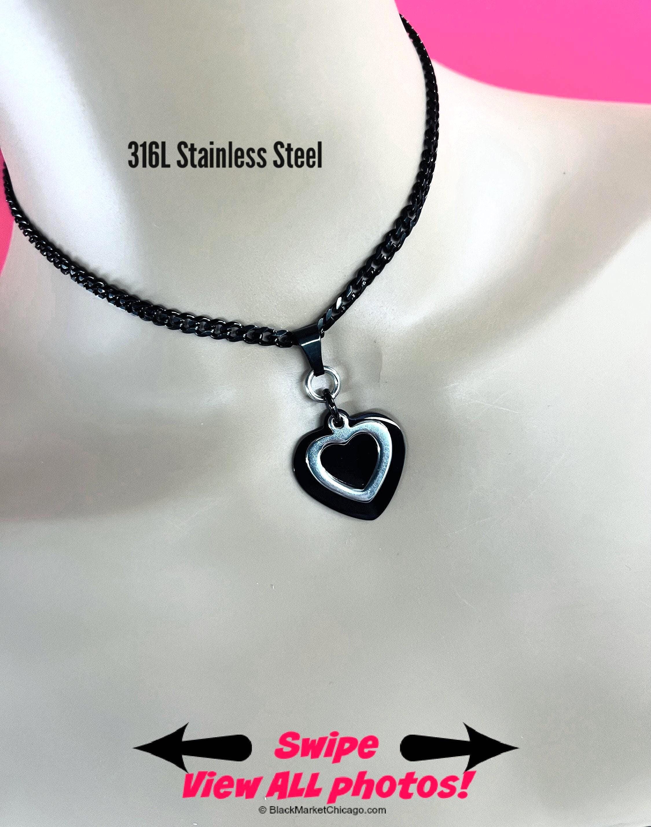 Submissive Day Collar Heart Choker  Black & Silver 24/7 Wear Stainless Steel Curb Chain Necklace