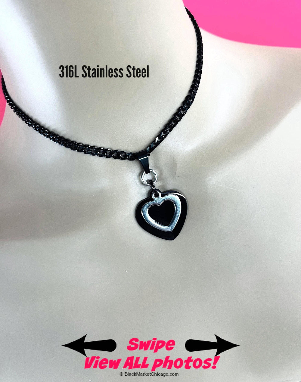 Submissive Day Collar Heart Choker  Black & Silver 24/7 Wear Stainless Steel Curb Chain Necklace