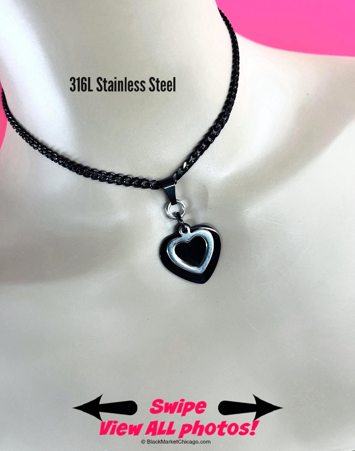 Submissive Day Collar Heart Choker  Black & Silver 24/7 Wear Stainless Steel Curb Chain Necklace