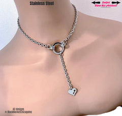 Discreet Submissive Day Collar, O-Ring Heart Extension Pendant, 24-7 Wear, Permanent Locking OPTION, Stainless Steel