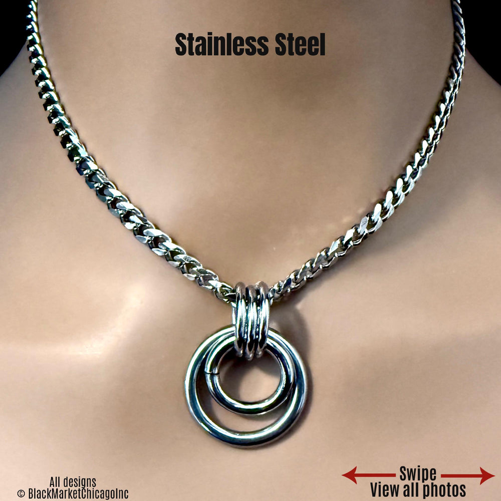 Sub Day Collar, SILVER Stainless Steel, Dual O-Rings 24-7, Curb Chain, Waterproof Lockable