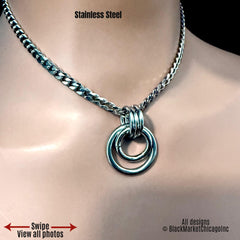 Submissive day collar; all polished silver stainless steel;  center nested rings are 1” (26mm) and 18mm dia, respectively, affixed by 3 very sturdy rings atop 5mm sparkly stainless steel curb chain.